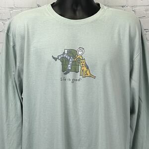 Life Is Good Dog Dad T Shirt Stick Figure Man Long Sleeve Green Mens XL X-Large